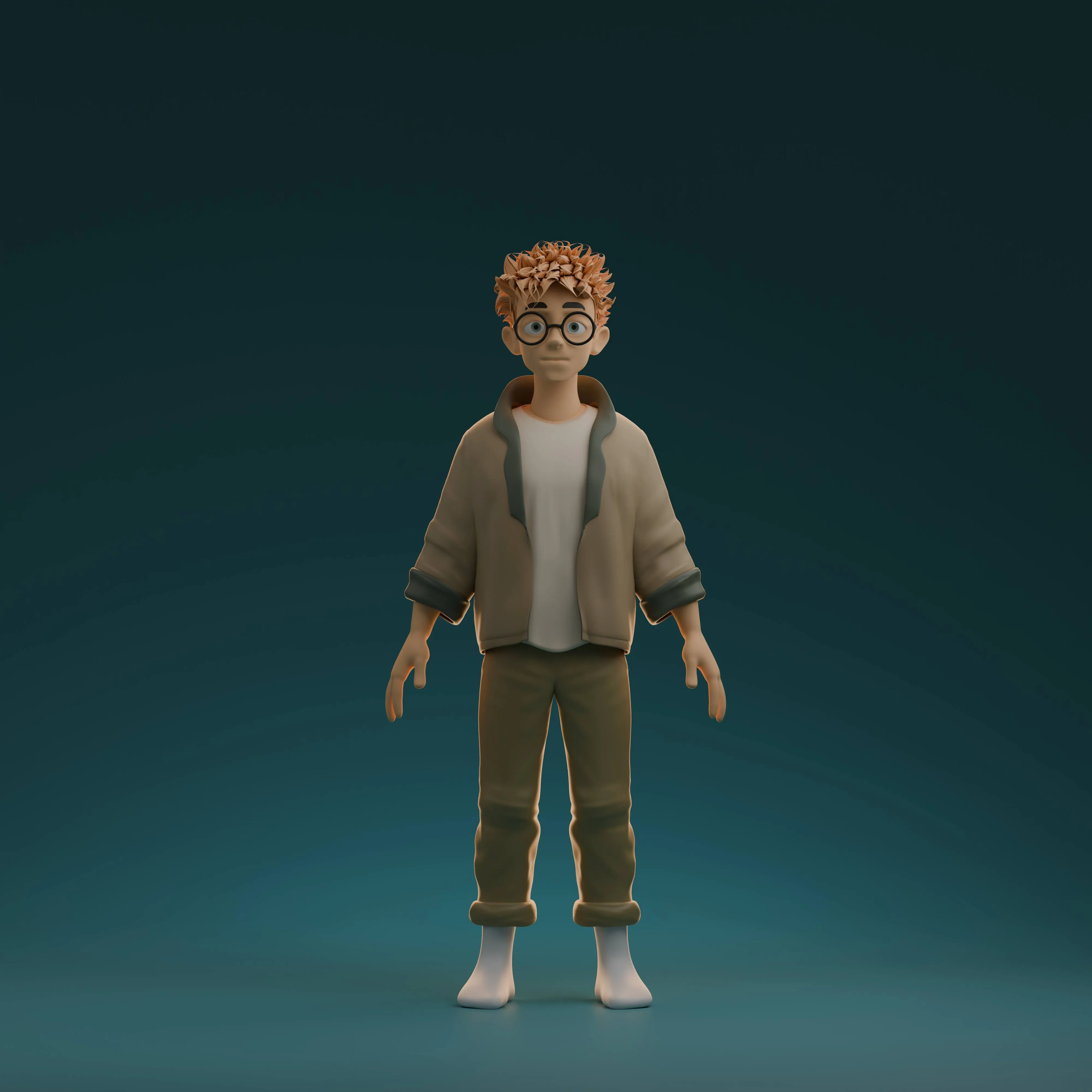 Stylised 3D character Finn standing in a relaxed pose โ a young man with spiky ginger hair and round black glasses, in an oversized tan jacket, olive trousers and socks.